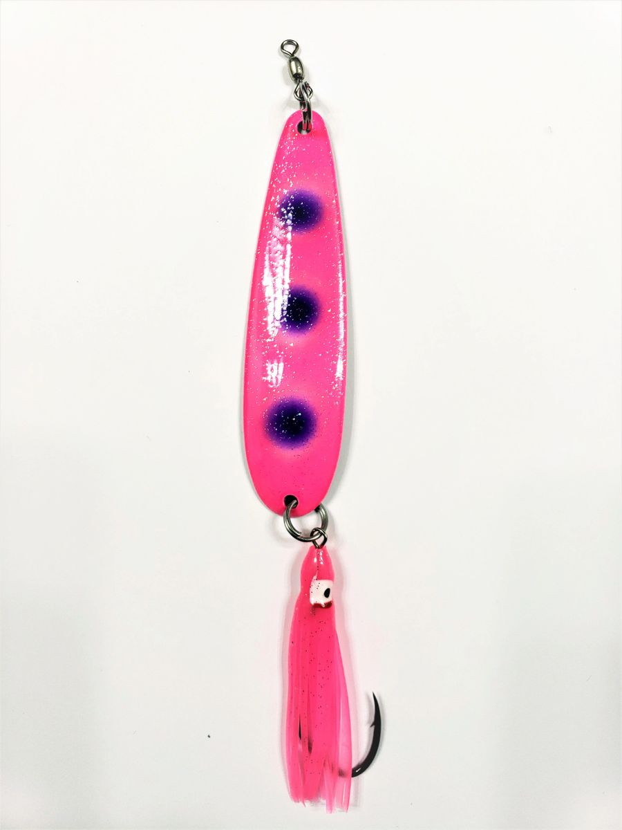 McOmie's Salmon Spinner #7 Mag Willow UV Green/Chart. Con Hoochie – 1/0, Lungo 4.5”